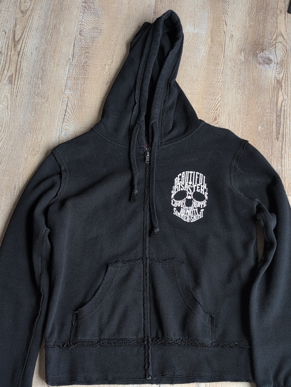 Beautiful Disaster Black Zip-Up Hoodie with White Skull Graphic